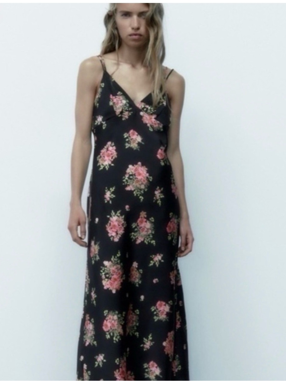 Zara Black Maxi Slip Dress with Pink Floral Print